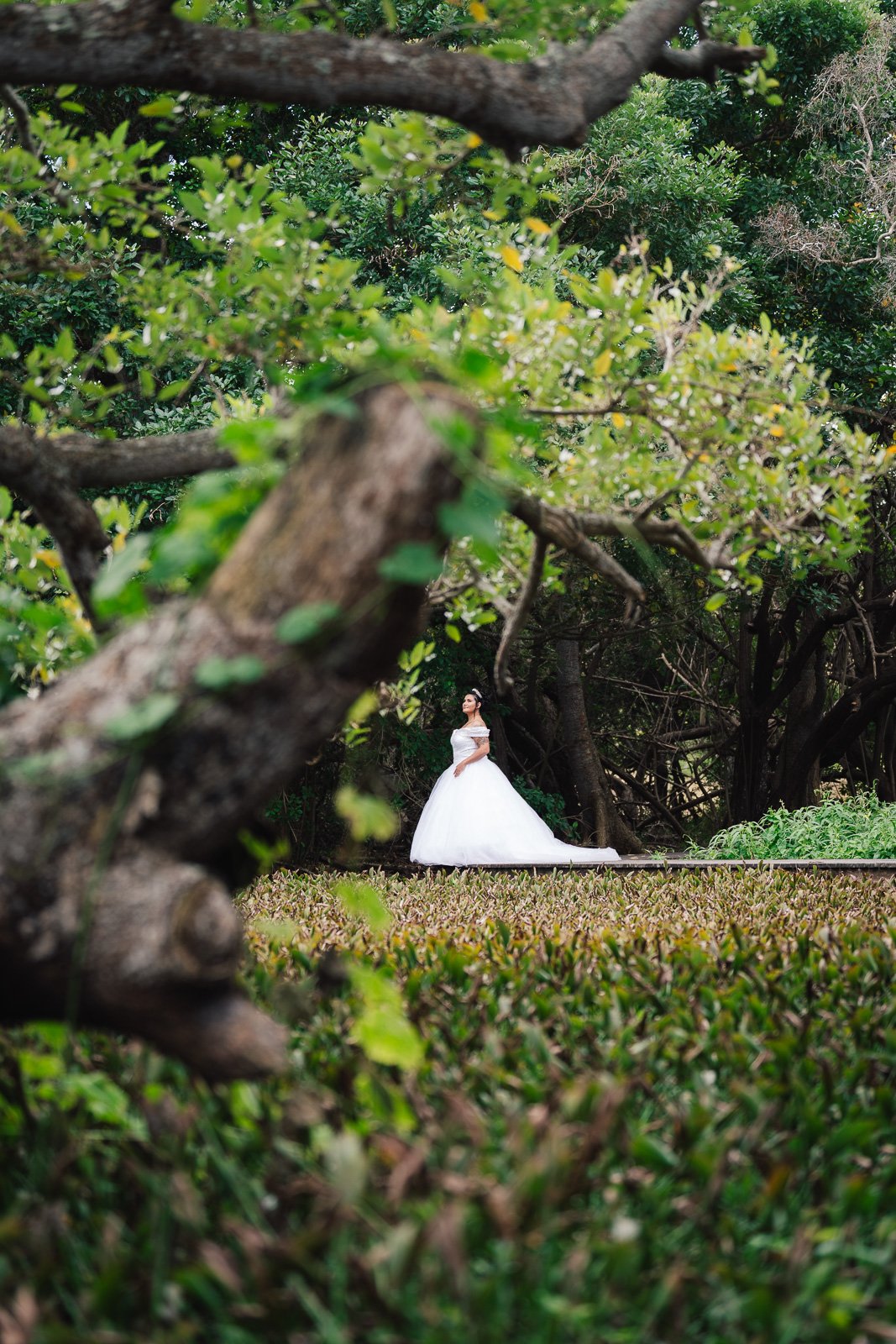 Cydjie en robe de mariée princesse au cœur de la végétation, mariage avec Ryan — Timi M. Bourdet